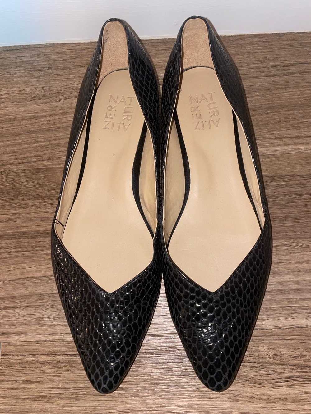 Naturalizer Black Pointed Snake-Embossed Leather Flats